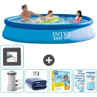 Intex Rond Opblaasbaar Easy Set Zwembad - 366 x 76 cm - Blauw - Inclusief Pomp Solarzeil - Onderhoudspakket - Filters - Vloertegels