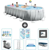 Intex Ovaal Prism Frame Zwembad – 610 x 305 x 122 cm – Grijs – Inclusief pomp, ladder, grondzeil, afdekking, onderhoudspakket, filter en bodemtegels