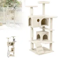 XMTECH Kraboom voor katten, 130 cm hoog, beige kleur met sisal krabpalen, pluche ligplaatsen en hangspeelgoed. Stabiele klimboom met holte en ladder, ideaal voor katten in huis