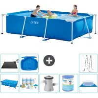 Intex Rechthoekig Frame Zwembad - 300 x 200 x 75 cm - Blauw - Inclusief Solarzeil - Onderhoudspakket - Zwembadfilterpomp - Filter - Grondzeil - Solar Mat - Ladder - Voetenbad