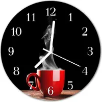 Tulup Wandklok - Kopje koffie Gekleurde Glazen Klok - 30fi cm - Rood Glazen Klok Met Print - Witte Handen - Ronde Wandklok - Glazen Klok Met Print - Wandklok Glas Met Motief