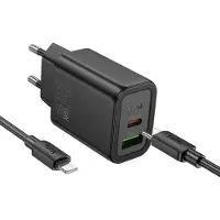 Hoco 20W GaN USB-C + USB-A oplader | Sneloplader met PD en QC 3.0 | Zwarte oplader voor iPhone & Samsung smartphones, inclusief USB Type C laadkabel