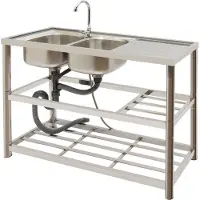 Easybuy RVS spoelbak met kraan, dubbele kom, afvoerunit, vrijstaand model, afmetingen 120*45*80 cm (zilver)