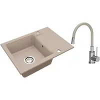 VBChome granieten spoelbak, beige, 59 x 44 cm, met flexibele kraan, één spoelbak, inbouwspoelbak, omkeerbaar, gespikkeld, gemakkelijk te onderhouden spoelbak met sifon