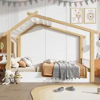 Sweiko houten bedden, kinderbed, éénpersoonsbed, verfijnd houten huisontwerp, stabiele lattenbodems, eenvoudig design, grenenhout + spaanplaat + MDF, wit + naturel, 90x200 cm