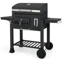 Costway houtskoolgrill, grillwagen met deksel, wielen, 2 opklapbare zijtafels, grillrooster, thermometer, 6-voudige houtskoolhouder en opbergvak