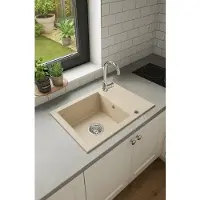 QLS Keukenwastafel met afdruipgedeelte, model LUNA, 59x44 cm, omkeerbaar, inclusief sifon, beige, artikelnummer 11338