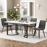 Sweiko eethoek (5-delig), eettafel met 4 stoelen, moderne keukenmeubelset, eettafel van 140x80 cm met zwarte metalen poten, MDF tafelblad in wit, donkergrijze fluwelen eetkamerstoelen