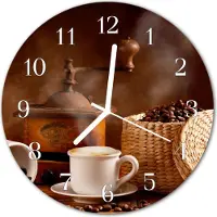 Tulup Wandklok - Kopje koffie Wandklok Glas Met Motief - 30fi cm - Bruin Decoratieve Glazen Klok - Witte Handen - Ronde Wandklok - Gekleurde Glazen Klok - Glazen Klok Met Print