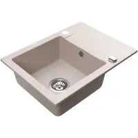 VBChome granieten spoelbak, 59 x 44 cm, beige, enkele kom, inbouwspoelbak, omkeerbaar, gespikkeld, gemakkelijk schoon te maken. Ideaal voor kleine keukens, inclusief sifon