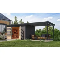 Karibu Gartenhaus, hybride model Pluto 7, in een set met een uitbouw, ongeveer 3 meter breed, kleur terragrau, afmetingen 663,5 x 240,5 x 219 cm