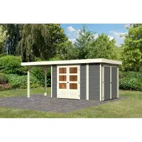 Karibu Woodfeeling tuinhuis Retola 3, inclusief bijbouwkast en uitbouwdak, breedte 2,40 meter, kleur terragrauw; artikelnummer 82957