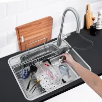 Easybuy Multifunctionele roestvrijstalen spoelbak met uittrekbare kraan, zilverkleurig (klein)