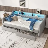 OKWISH uitklapbare slaapbank 90x200 met sfeerverlichting, afstandsbediening en lades, slaapbank voor jongeren met lattenbodem en USB-poort (zonder matras), grijs