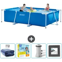 Intex Rechthoekig Frame Zwembad - 300 x 200 x 75 cm - Blauw - Inclusief Solarzeil - Onderhoudspakket - Zwembadfilterpomp - Vloertegels