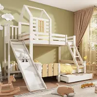 Sweiko Etagebed, 90x200 cm & 140x200 cm, houten bed met lade, glijbaan en ladder, kinderbed/hoogslaper met lattenbodem, blokhut-design, veiligheid volgens EN747-1:2024 (zonder matras)