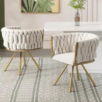 Sweiko fluweel stoel voor de eetkamer, set van 2, individuele lichte luxe fauteuil voor woonkamer en slaapkamer, draaistoel voor ontspanning met vier metalen poten, beige en goud