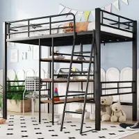 Sweiko hoogslaper, 90x200 cm, zonder matras, bed met bureau, diverse planken, leuning, ladder, ijzeren frame, zwart