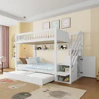 Sweiko etagesbed (zonder matras), kinderbed, met uitschuifbed, met plank, met garderobe, met opbergruimte, 90x200 cm, wit