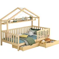 Ropilly Kinderbed, type huisbed, 90x200 cm, naturel kleur, gemaakt van grenenhout en MDF, met lattenbodem en 2 lades, geschikt voor kinderkamers