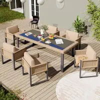 Sweiko polyrattan eettafel- en stoelset, tuinmeubilair, tuinset voor 6 personen met fauteuils, afneembare en wasbare stoffen bekleding