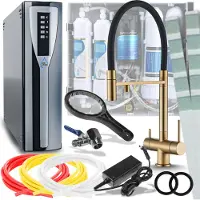ARI Keukenmengkraan HighFlex met uitschuifbare douche, 360 graden draaibaar, aansluiting voor filter, cartridge en messing, goudkleurig