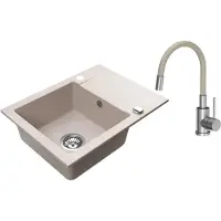VBChome granieten spoelbak, 59 x 44 cm, beige, met flexibele kraan. Enkele spoelbak, inbouwspoelbak, omkeerbaar. Gekleurd, gemakkelijk schoon te maken spoelbak met sifon
