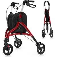 Costway rolstoel, smal model voor gebruik binnenshuis, driewieler, opvouwbaar en lichtgewicht, loophulpmiddel met 6-voudige hoogteverstelling, inklapbare loophulp met tas en rem, aluminium frame