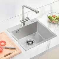 Auralum Spoelbak Met Kraangat - Spoelbak Keuken - Spoelbakken Keuken - Keuken Gootsteen 45 x 45 cm - Keuken Gootsteen met Sifon en Afvoerzeefje - Zilver