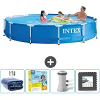 Intex Rond Frame Zwembad - 366 x 76 cm - Blauw - Inclusief Solarzeil - Onderhoudspakket - Zwembadfilterpomp - Vloertegels