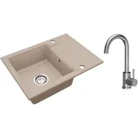 VBChome granieten spoelbak, beige, 59 x 44 cm, met kraan, enkelvoudig bassin, inbouwspoelbak, omkeerbaar, gespikkeld, gemakkelijk schoon te maken spoelbak met sifon