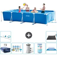 Intex Rechthoekig Frame Zwembad - 450 x 220 x 84 cm - Blauw - Inclusief Solarzeil - Onderhoudspakket - Zwembadfilterpomp - Filter - Grondzeil - Schoonmaakset - Solar Mat - 8-delig