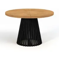 Dekori.Interiors Ronde, uitschuifbare eettafel, DOVER - in industriële/loftstijl met lamellenpoten, diameter: 110 / 210 cm, kleur: lancelot eiken / zwart