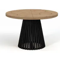Dekori.Interiors Ronde, uitschuifbare eettafel, DOVER - in industriële/loftstijl met lamellenpoten, diameter: 120 / 220 cm, kleur: artisan eiken / zwart