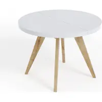 Dekori.Interiors Ronde uitschuifbare eettafel wit LORA 120/220 cm met beukenhouten onderstel in natuurlijke beukenkleur – Scandinavisch, loft
