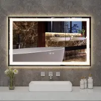 Puluomis badspiegel, 100x60 cm, met anti-condensfunctie, 3 kleurenverlichting, dimbare helderheid, badkamerspiegel met digitale klok en temperatuurweergave, kleur: zwart