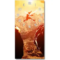 Tulup Wandklok - Spring over de afgrond Glazen Klok Met Print - 30x60 cm - Oranje Wandklok Glas Met Motief - Witte handen - Rechthoekige Klok - Wandklok Glas Decoratie - Gekleurde Glazen Klok