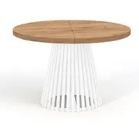 Dekori.Interiors Ronde uitschuifbare eettafel, DOVER - in industriële/loftstijl met lamellenpoten, diameter: 110 / 160 cm, kleur: gebeitst eikenhout goud / wit