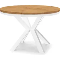 Dekori.Interiors Uitschuifbare eettafel, rond, wit (RAL 100), afmetingen 200 cm, met een blad van eikenhout "Lancelot", een ringvormig onderstel en massieve beuken houten poten – stijl: industrieel, rustiek