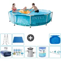Intex Rond Frame Zwembad - 305 x 76 cm - Waterprint - Inclusief Solarzeil - Onderhoudspakket - Zwembadfilterpomp - Filter - Schoonmaakset - Ladder - Voetenbad - Vloertegels - 9-delig