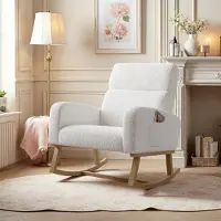 UnboxG Schommelstoel, relaxfauteuil met ligfunctie, zachte leestoel & fauteuil, schommelstoel met houten armleuningen, geschikt tot 150 kg, ideaal voor woonkamer, tuin en balkon - Wit