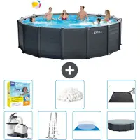 Intex runder zwembad met grafietgrijs paneel – 478 x 124 cm – inclusief pomp, ladder, bodemzeil, afdekking, onderhoudspakket, filterballen en zonnepaneel
