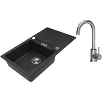 VBChome granieten spoelbak, 76 x 44 cm, zwart, met kraan, enkele spoelbak, inbouwspoelbak, omkeerbaar, gespoten oppervlak, gemakkelijk te onderhouden spoelbak met sifon