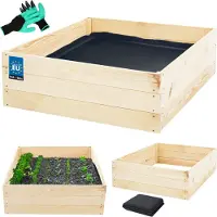 KOTARBAU Moestuinbak, Verhoogd Tuinbed, Vurenhout, 120 x 120 x 27 cm, Natuurlijk, Plantenbed, met Vlies en Handschoenen met Klauwen, Groentebed, Bloembak Hout Buiten