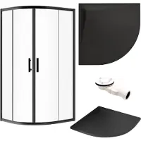 Badland Douchecabine + douchebak 90x90, 193 cm - Halfrond, transparant gehard nano-glas, 6 mm, zwart, steenlook SMC, inclusief sifon | HELA VIDAR