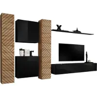 Meublorama Design woonkamermeubelset SWITCH VI. Kleuren eiken en zwart met gefreesde eikeneffect afwerking en glanzend zwart.