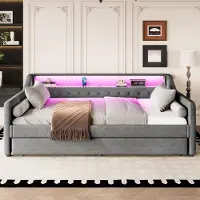 OKWISH Slaapbank 90x200, dagbed/jeugdbed met LED-verlichting en USB-oplaadpoorten, uitschuifbaar bed/lattenbodem, grijs (zonder matras)
