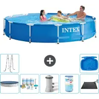 Intex Rond Frame Zwembad - 366 x 76 cm - Blauw - Inclusief Afdekzeil - Onderhoudspakket - Zwembadfilterpomp - Filter - Solar Mat - Ladder - Voetenbad - 8-delig