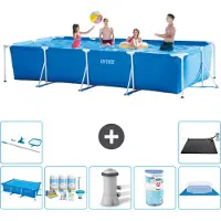 Intex Rechthoekig Frame Zwembad - 450 x 220 x 84 cm - Blauw - Inclusief Solarzeil - Onderhoudspakket - Zwembadfilterpomp - Filter - Grondzeil - Schoonmaakset - Solar Mat - 8-delig