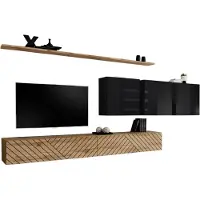 Meublorama Ensemble de meubles de salon SWITCH VII – Eiken Wotan & Hoogglans Zwart – Modern Ontwerp – 340 cm
